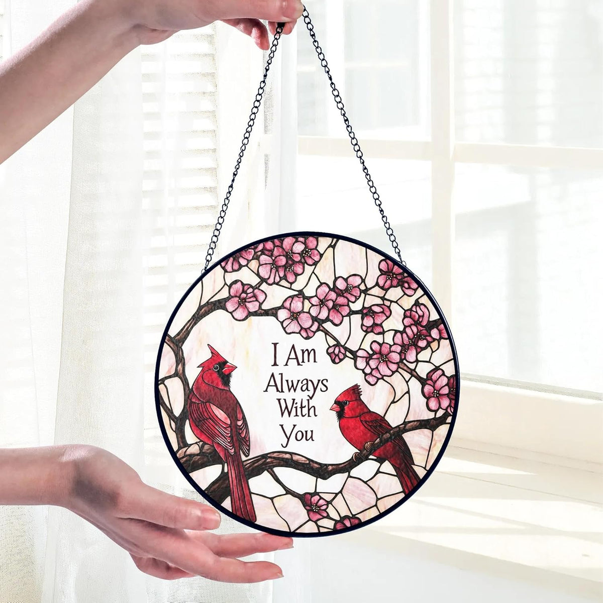 Cardinal Suncatcher Stained Glass Window Hanging Decor, Red Cardinals Memorial Gifts for Loss of