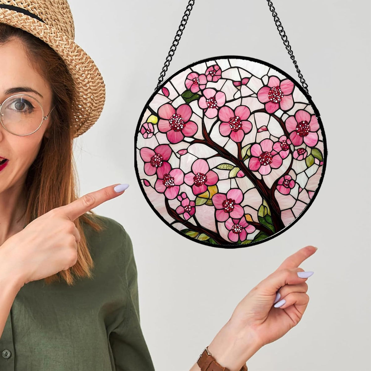 Stained Glass Window Hanging - Cherry Blossoms Birth Flower Suncatcher for Door Garden Patio Sun