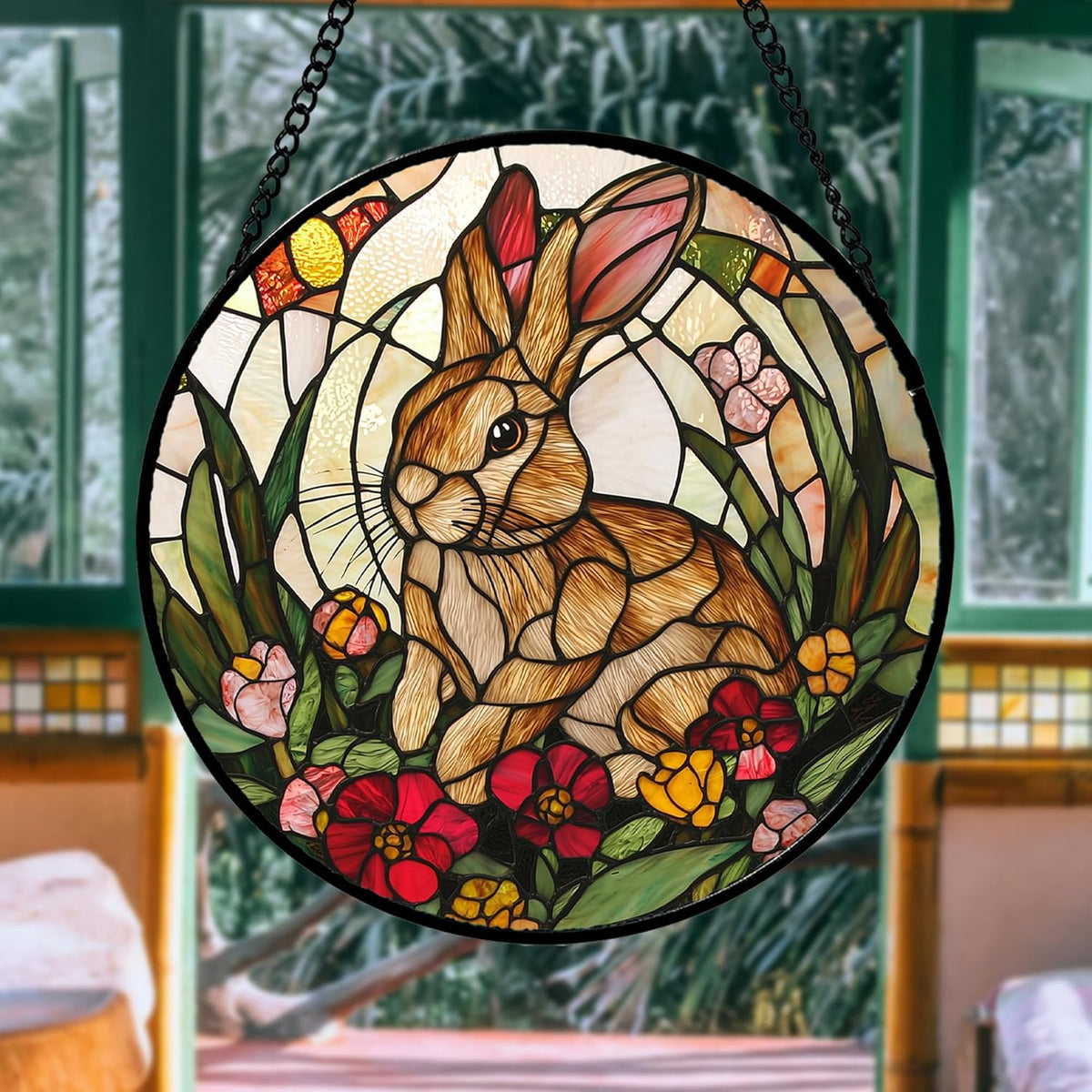 Stained Glass Window Hanging, Cute Bunny Flowers Sun Catcher for Window Door Home Decor, Rabbit
