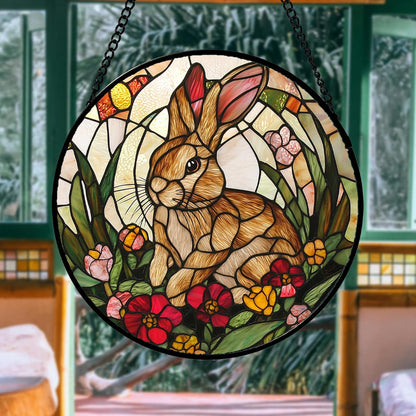 Stained Glass Window Hanging, Cute Bunny Flowers Sun Catcher for Window Door Home Decor, Rabbit