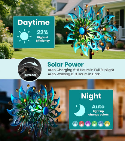Solar Wind Spinners Outdoor – H63xW13 Metal Kinetic Garden Spinner with Crackle Glass Ball &