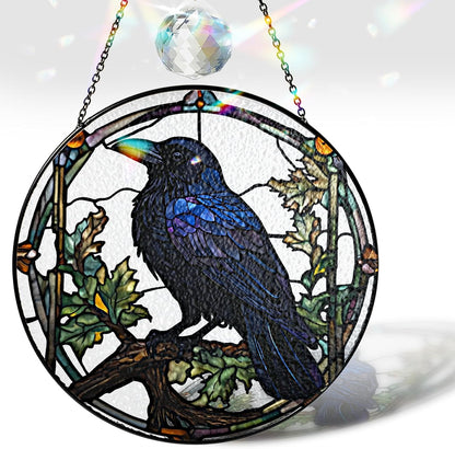 7.8" Crow Stained Glass Suncatchers Art Glass Ravens for Sun Catcher Indoor Gothic Gifts for Pet
