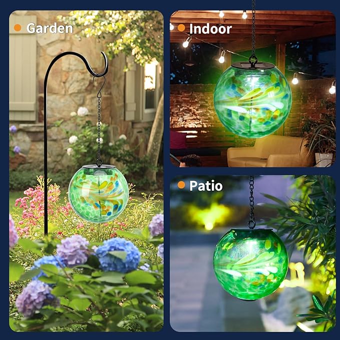VCUTEKA Solar Hanging Lanterns, Outdoor Glass Gazing Ball Lights with Hook, Waterproof
