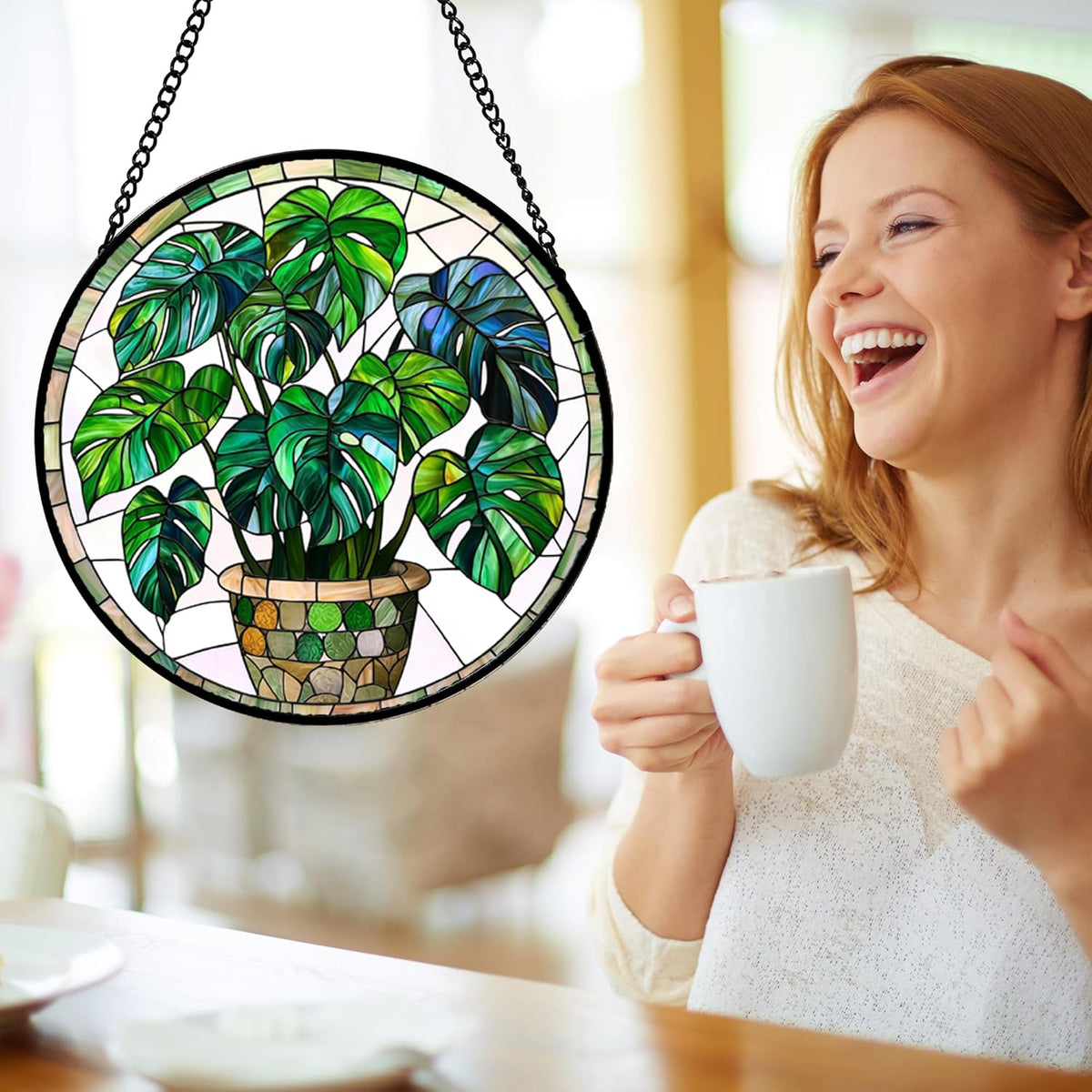 Stained Glass Window Hanging, Green Plant Monstera t Suncatcher Diamond Colorful Glass Panel Sun