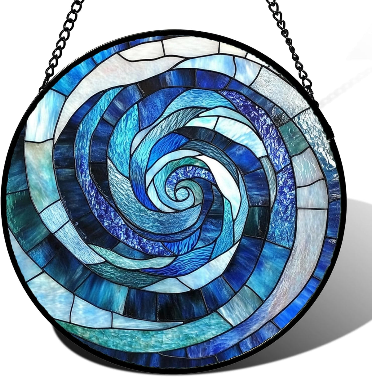 Stained Glass Window Hanging - Blue Abstract Swirl Suncatcher for Doors Garden Patio Unique Sun