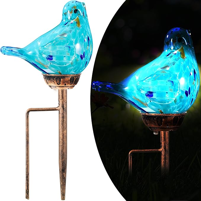 Solar Bird Garden Stake Lights - Hand Blown Glass Decorative Garden Pathway Lights Outdoor