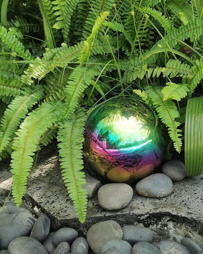 Rainbow Gazing Globe Mirror Ball in Stainless Steel, Shiny Hollow Sphere Sparkling Housewarming