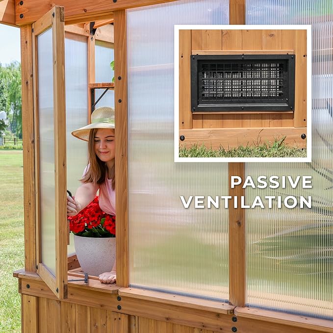 Backyard Discovery Poppy 11' x 7' Cedar Wood and Polycarbonate Walk-In Greenhouse Kit with Exhaust
