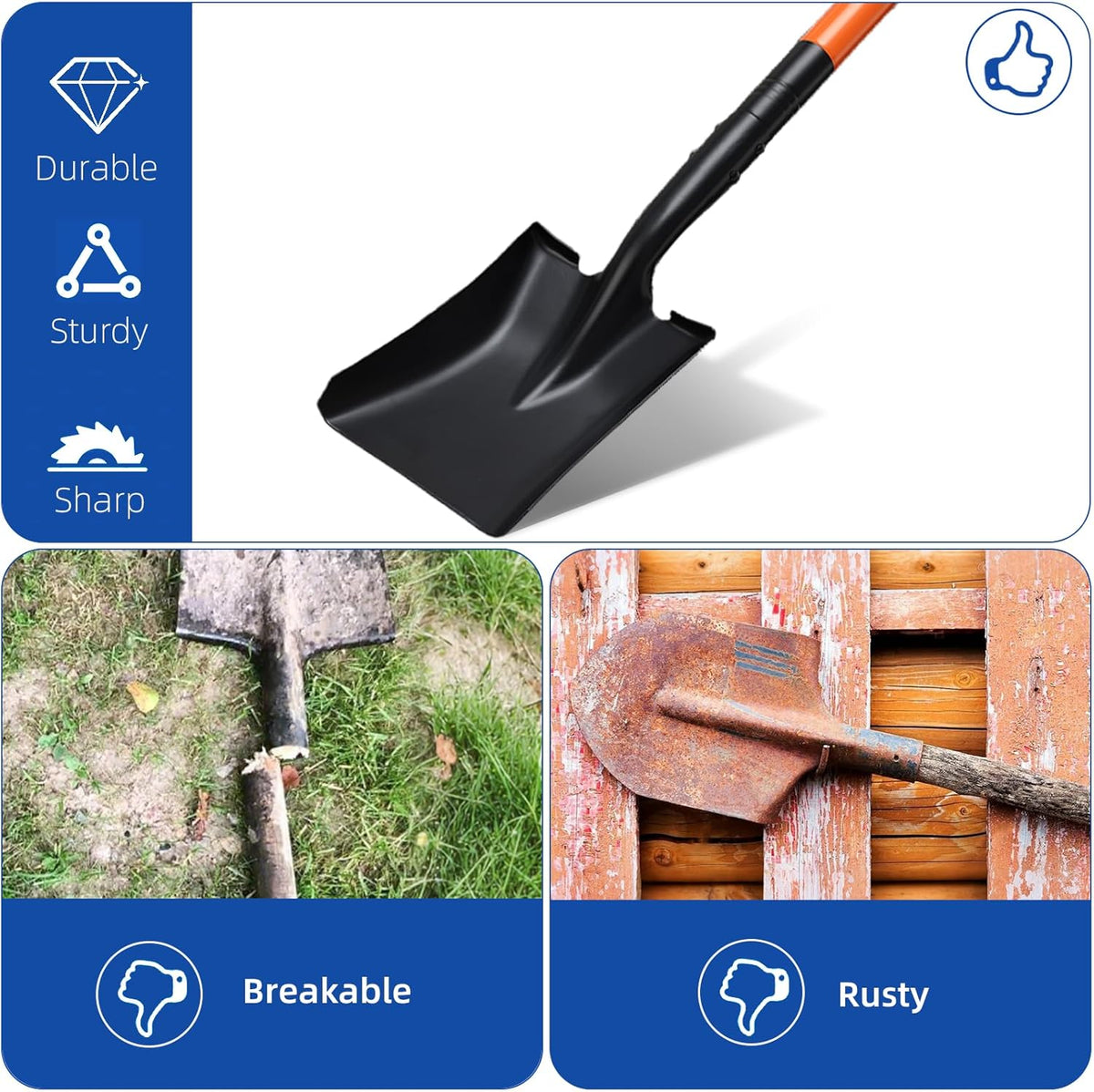 Small Square Shovel for Digging with Metal Handle, 43.3 Inch Heavy Duty Small Shovel, Trench