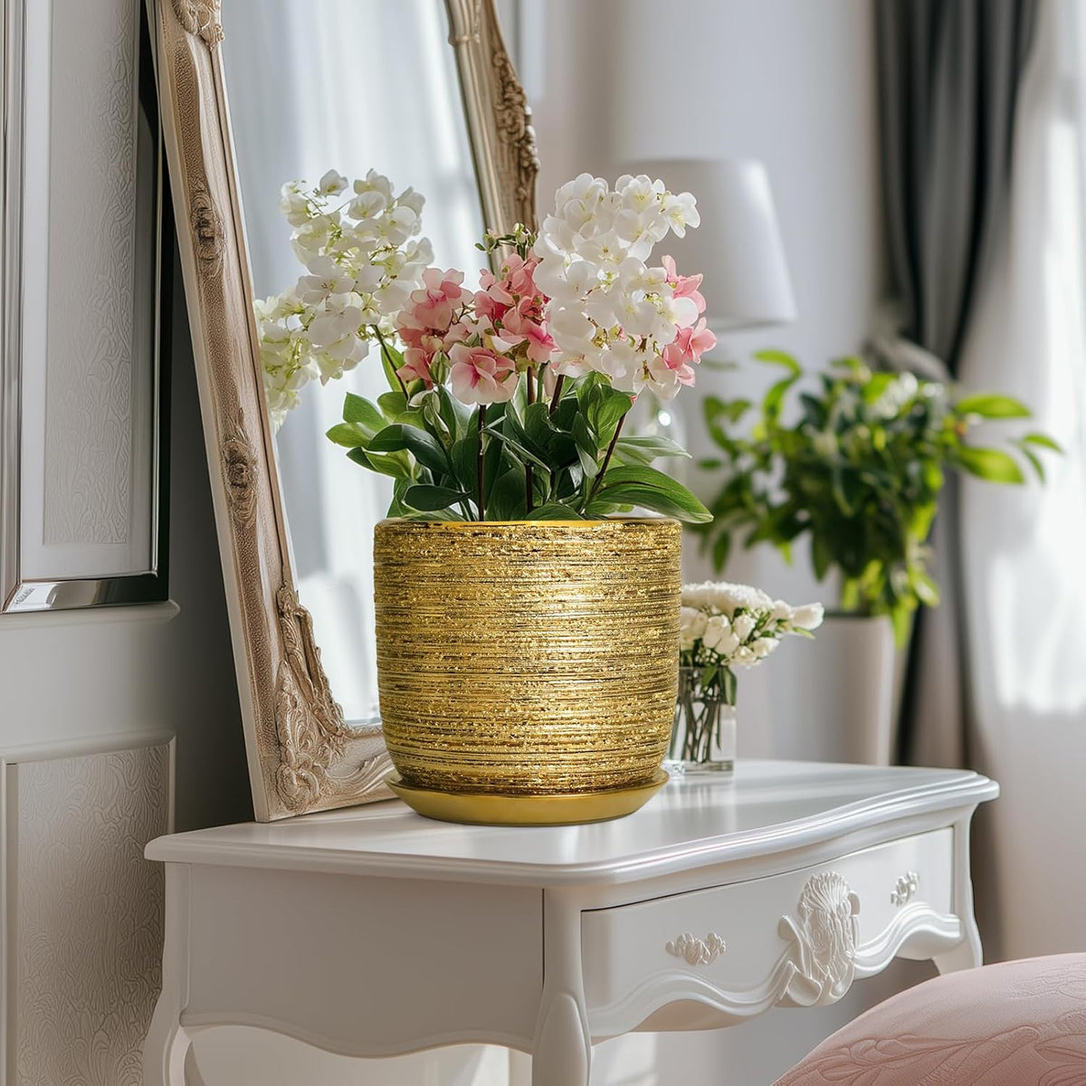 8 Inch Plant Pot - Ceramic Planter with Drainage Hole and Saucer, Modern Round Planter for Indoor
