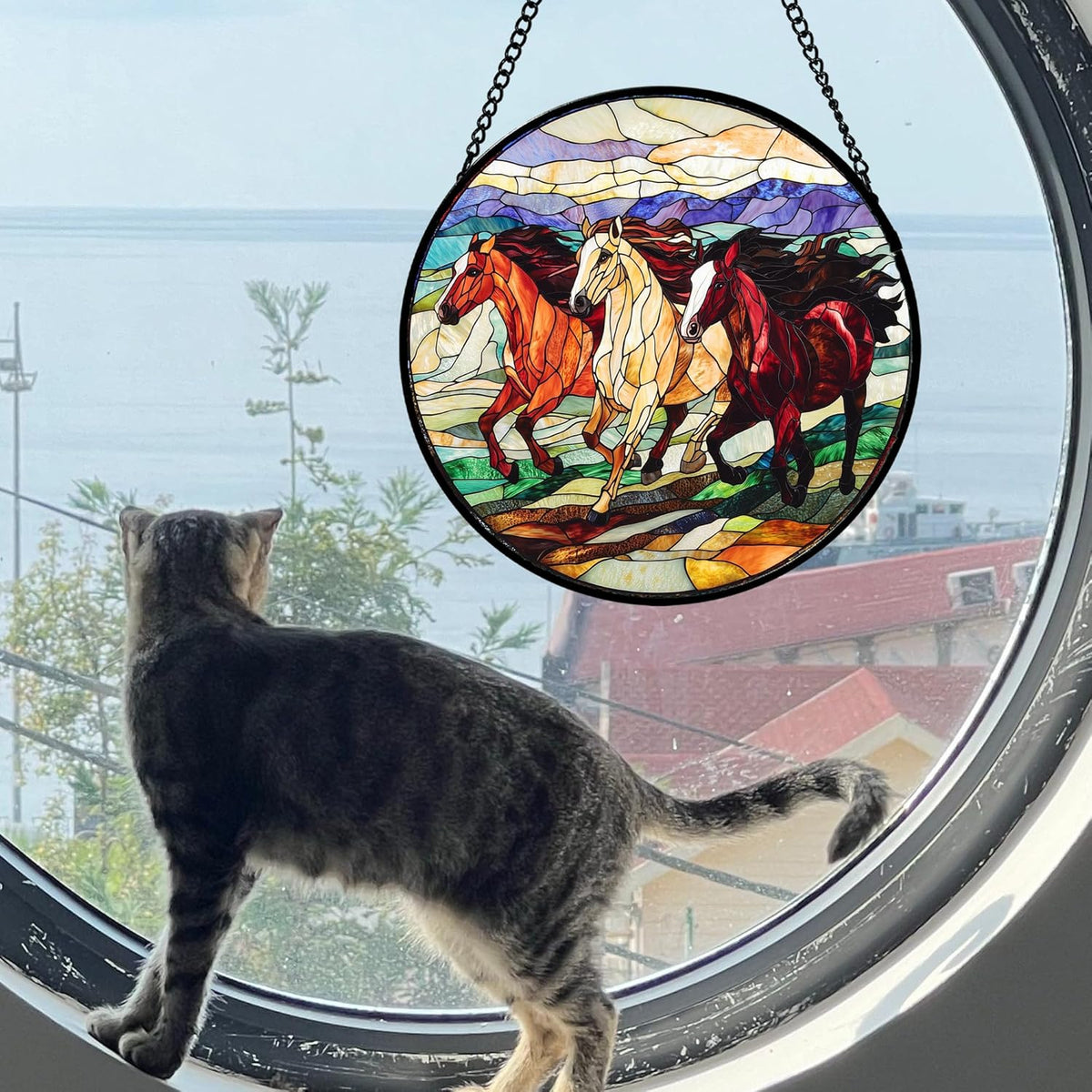 Stained Glass Window Hanging, Galloping Horses Sun Catcher for Door Home Decor Colorful Suncatcher