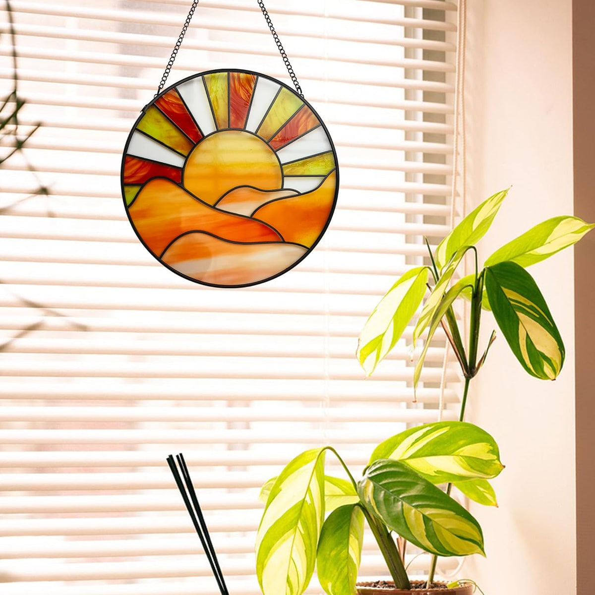 Sunrise Sun Catcher Stained Glass Window Hanging, 20cm Suncatchers for Wall Window Decor, Hand