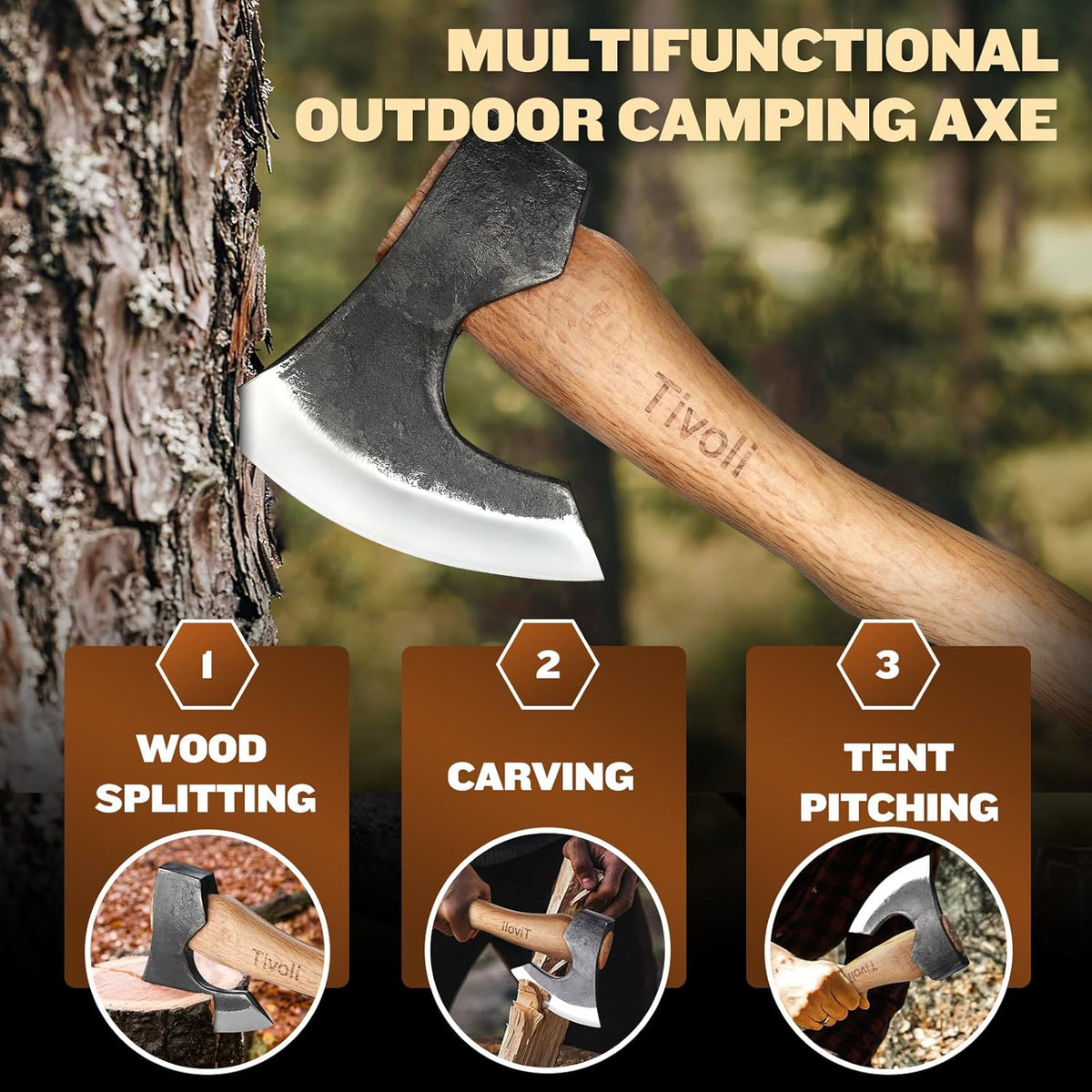 Tivoli 15 Inch Camping Axes and Hatchets, Bushcraft Axe for Wood Splitting and Kindling,Hand Forged