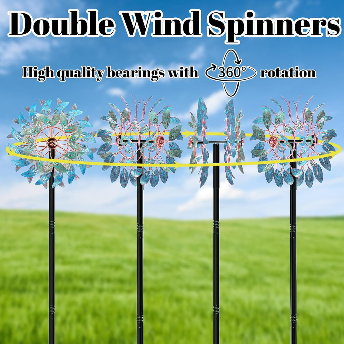 66 Inch Metal Outdoor Wind Spinner, 2-Way Wind Sculpture Spinner with Metal Stake, Waterproof 360