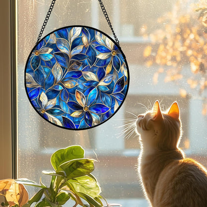 Stained Glass Window Hanging - Blue Gold Abstract Flowers Suncatcher for Door Terrace Garden Home