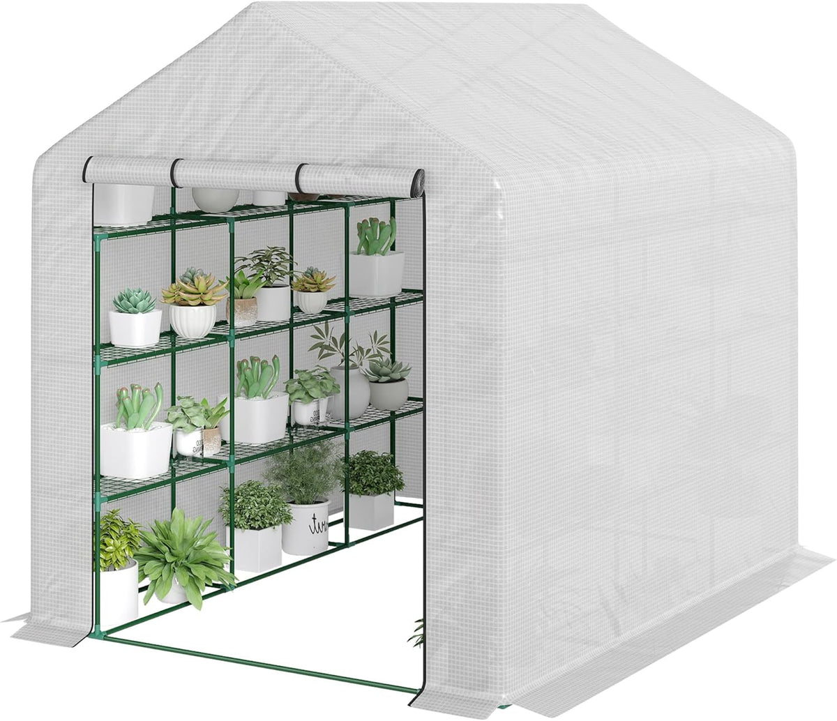 Outsunny 8' x 6' x 7' Walk-in Greenhouse, PE Cover, 4-Tier Shelves, Steel Frame Hot House, Roll-Up