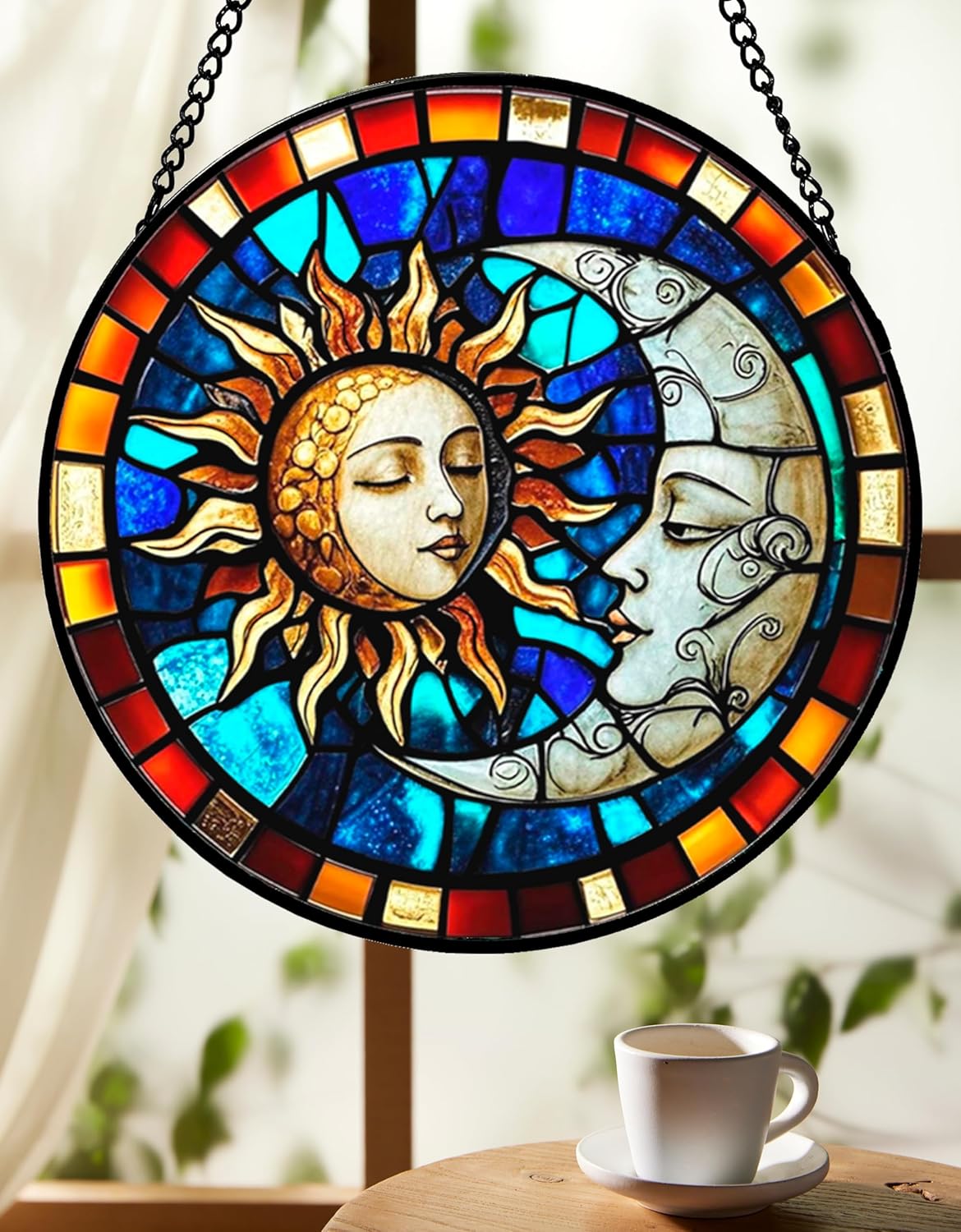 Sun and Moon Decorative Stained Glass Sun Catcher - Handcrafted 7.87 Inch Celestial Decoration