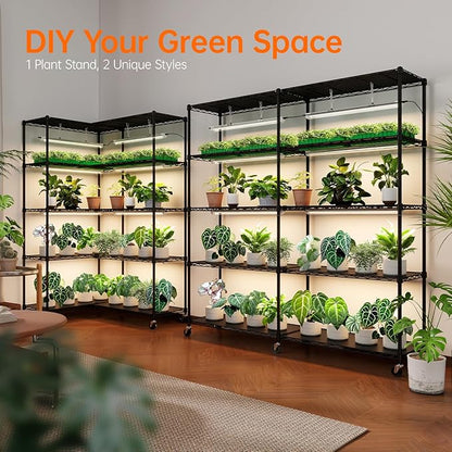 Bstrip 5-Tier Plant Shelf with Grow Light, Large L-Shaped or Long Shape Indoor Plant Stand, 8 Pack