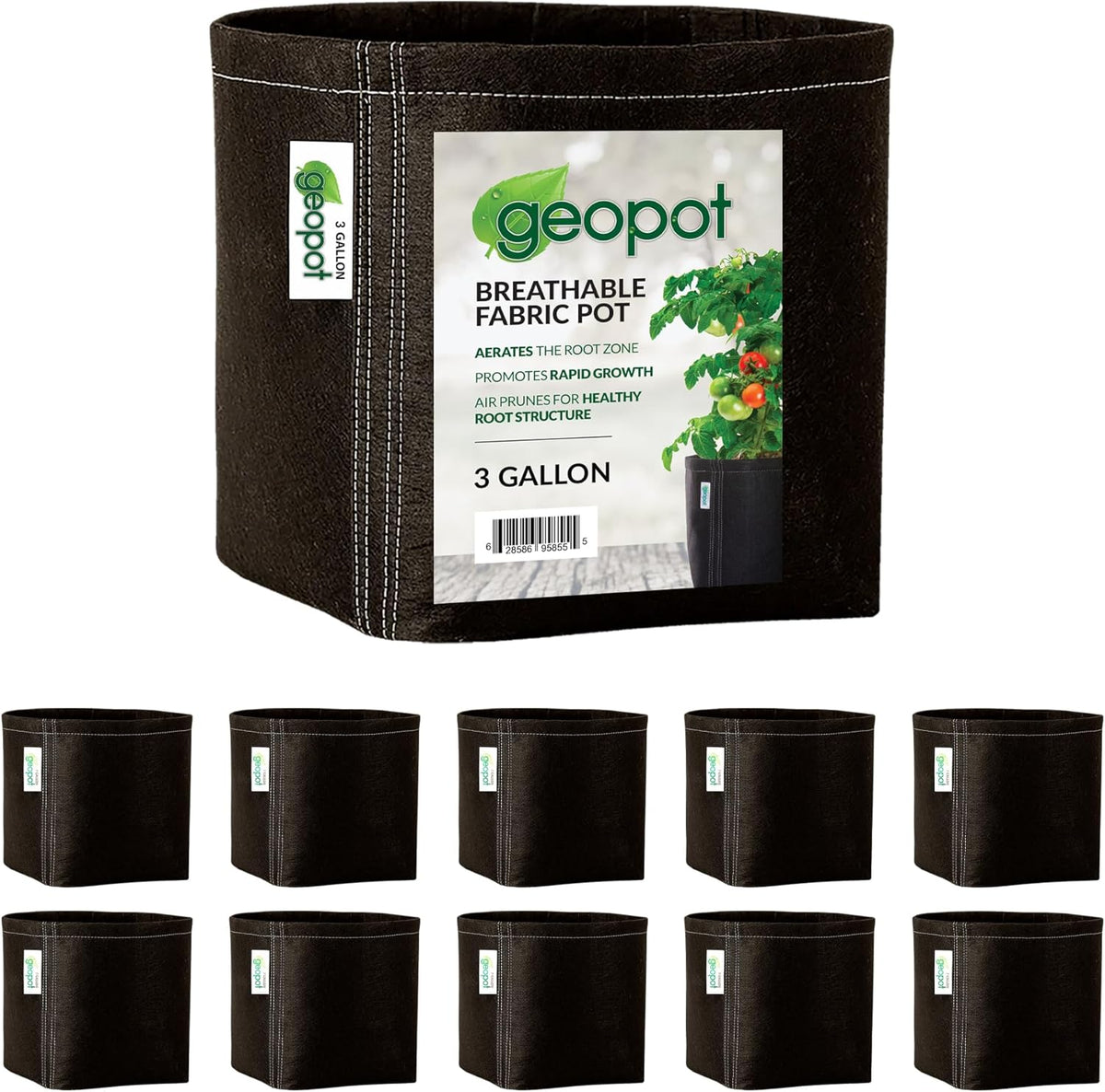 GeoPot 3 Gallon Fabric Grow Bags for Vegetables, Houseplants, Herbs & Flowers | 10-Pack | Fabric