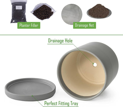 D'vine Dev 8 Inch Ceramic Planter Pot with Drainage Hole and Saucer, Indoor Cylinder Round Planter