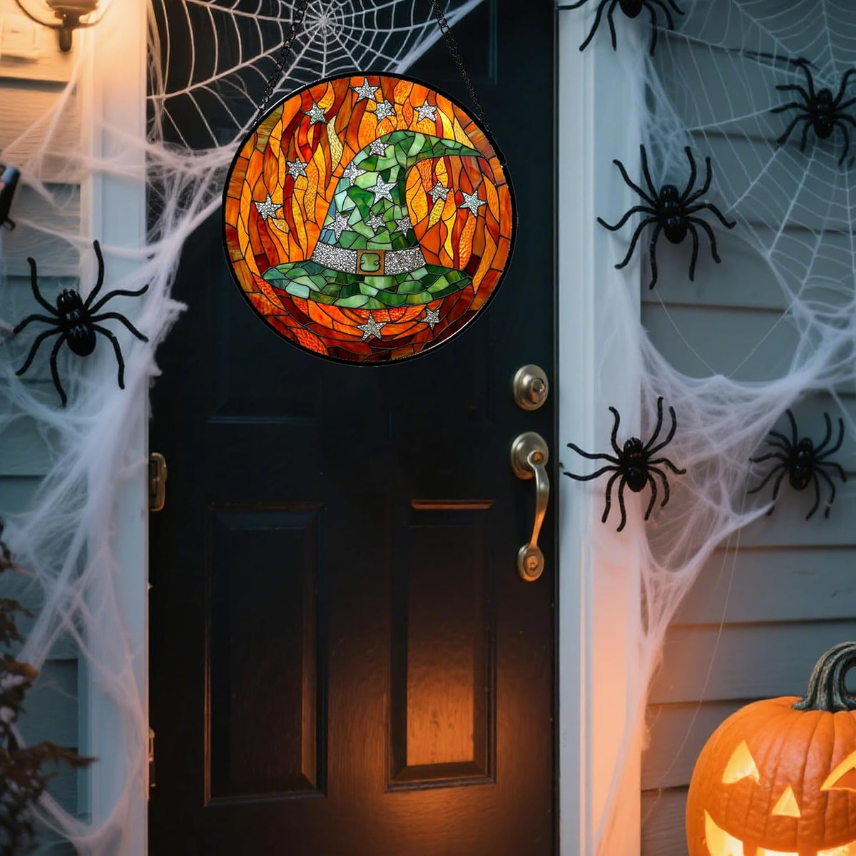Stained Glass Window Hanging - Halloween Decorations Witch Hat Suncatcher for Doors Garden Indoor