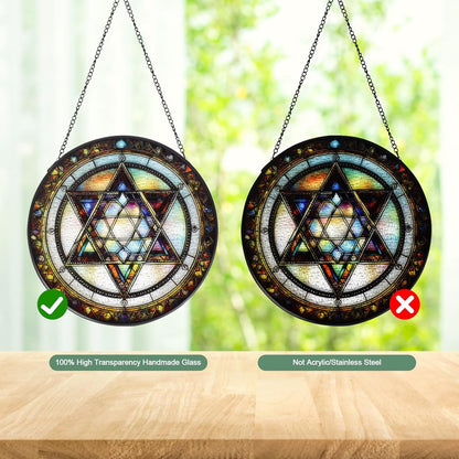 Star of David Handmade Stained Glass Window Hanging Suncatcher with Chain - 7.9" Outdoor/Indoor Art