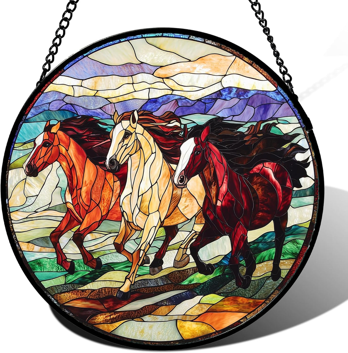 Stained Glass Window Hanging, Galloping Horses Sun Catcher for Door Home Decor Colorful Suncatcher