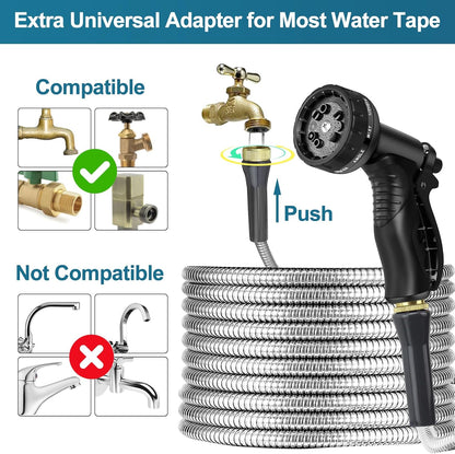 Stainless Steel Garden Hose 25ft Heavy Duty Metal Water Hoses with 10 Function Water Hose Nozzles
