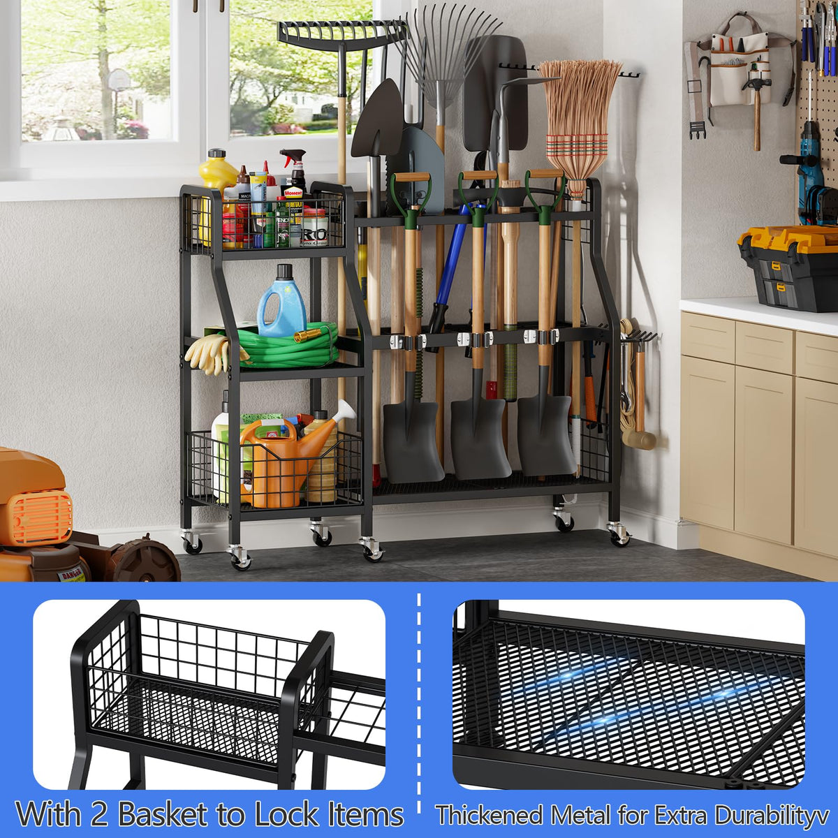 keomaisyto Heavy-Duty Garden Tool Organizer with 6 Wheels and 2 Baskets
