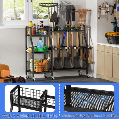 keomaisyto Heavy-Duty Garden Tool Organizer with 6 Wheels and 2 Baskets