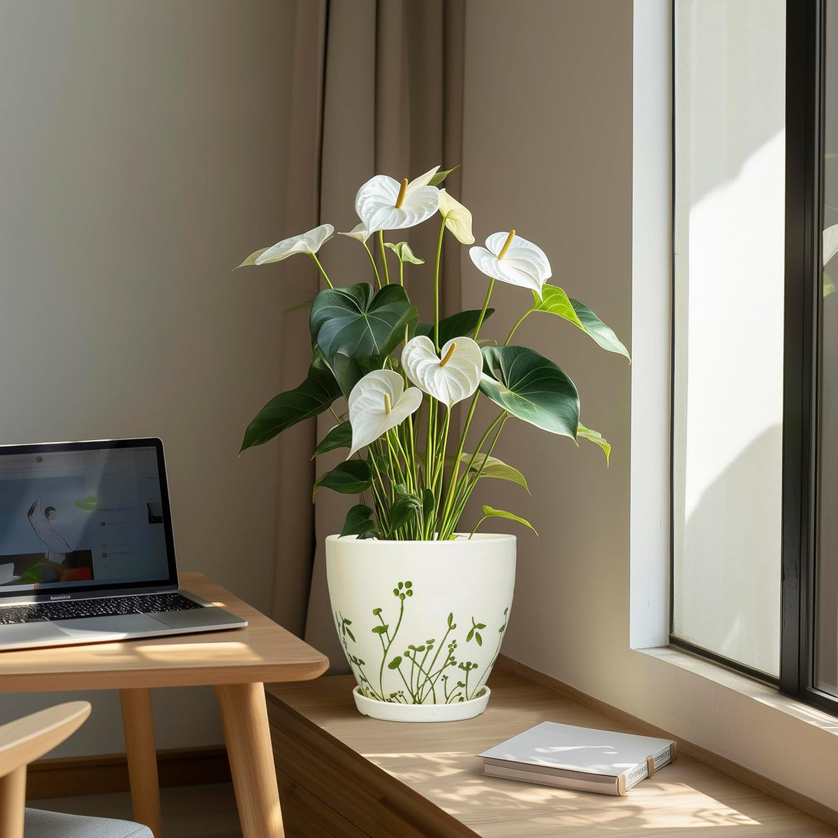Indoor Plant Pot 8.2 Inch - Ceramic Planter with Drainage Hole and Saucer, Boho Round Decorative