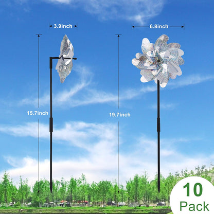 10 Pack Reflective Pinwheels with Plastic Stakes| 19.7 inch Pre-Assembled Sparkle Pin Wheel Set |
