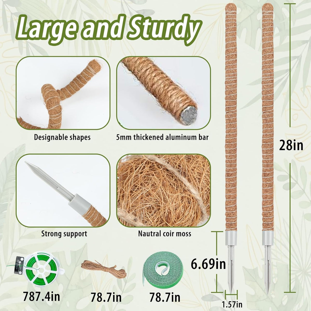 2 Pack Moss Pole, 28 Inch Monstera Plant Support, Moss Poles for Climbing Indoor Plants, Handmade