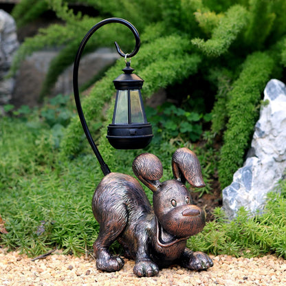 Laughing Dog Figurine with Solar-Powered LED Light 15.9 Inches Tall Antique Bronze, Perfect for