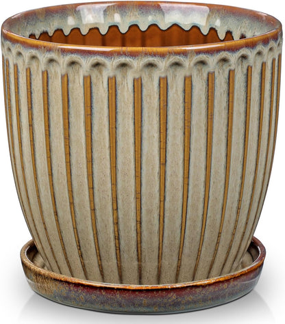 Oairse Ceramic Pots for Indoor Plants, 7.8 inch Pots for Plants Brown Planters with Drainage Holes