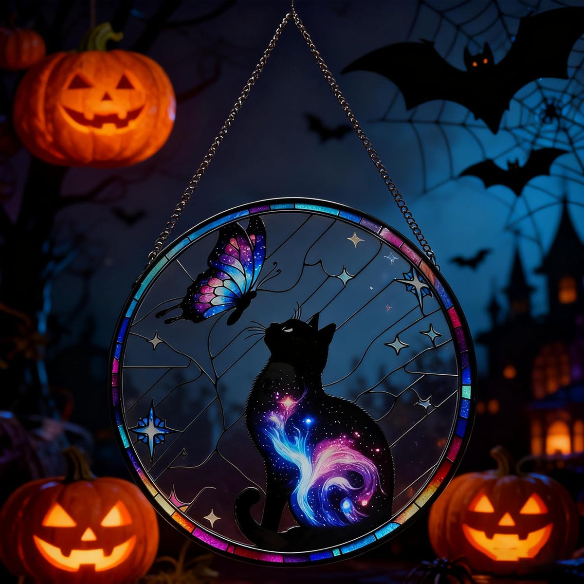 Black Cat Stained Glass Window Hanging, 9.8'' Black Cat & Butterfly with Nebula Design Suncatcher