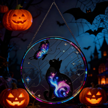 Black Cat Stained Glass Window Hanging, 9.8'' Black Cat & Butterfly with Nebula Design Suncatcher
