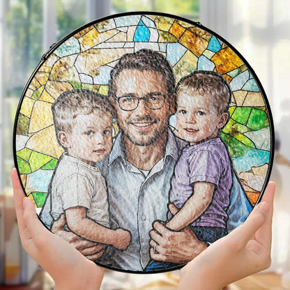 LOVELYPOD Personalized Dad Stained Glass Sun Catcher, Photo Family Portrait Faux Window Hanging