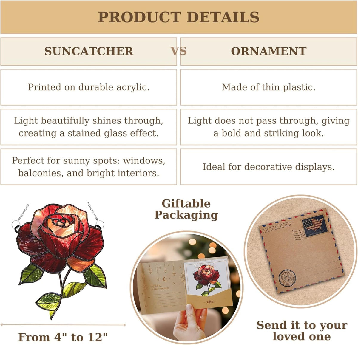 Crimson Rose Flower Acrylic Suncatcher Stained Glass Effect Window Car Hanging Christmas Ornament