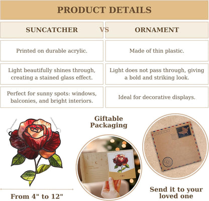 Crimson Rose Flower Acrylic Suncatcher Stained Glass Effect Window Car Hanging Christmas Ornament