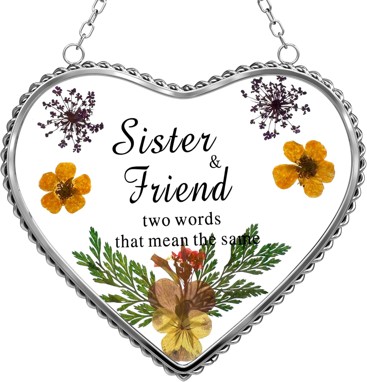 KY&BOSAM Stained Glass Sister Heart Suncatcher Window Hanging Decor with Pressed Real Flower for