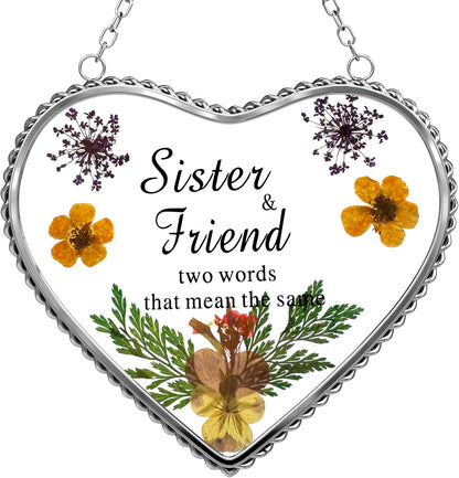 KY&BOSAM Stained Glass Sister Heart Suncatcher Window Hanging Decor with Pressed Real Flower for