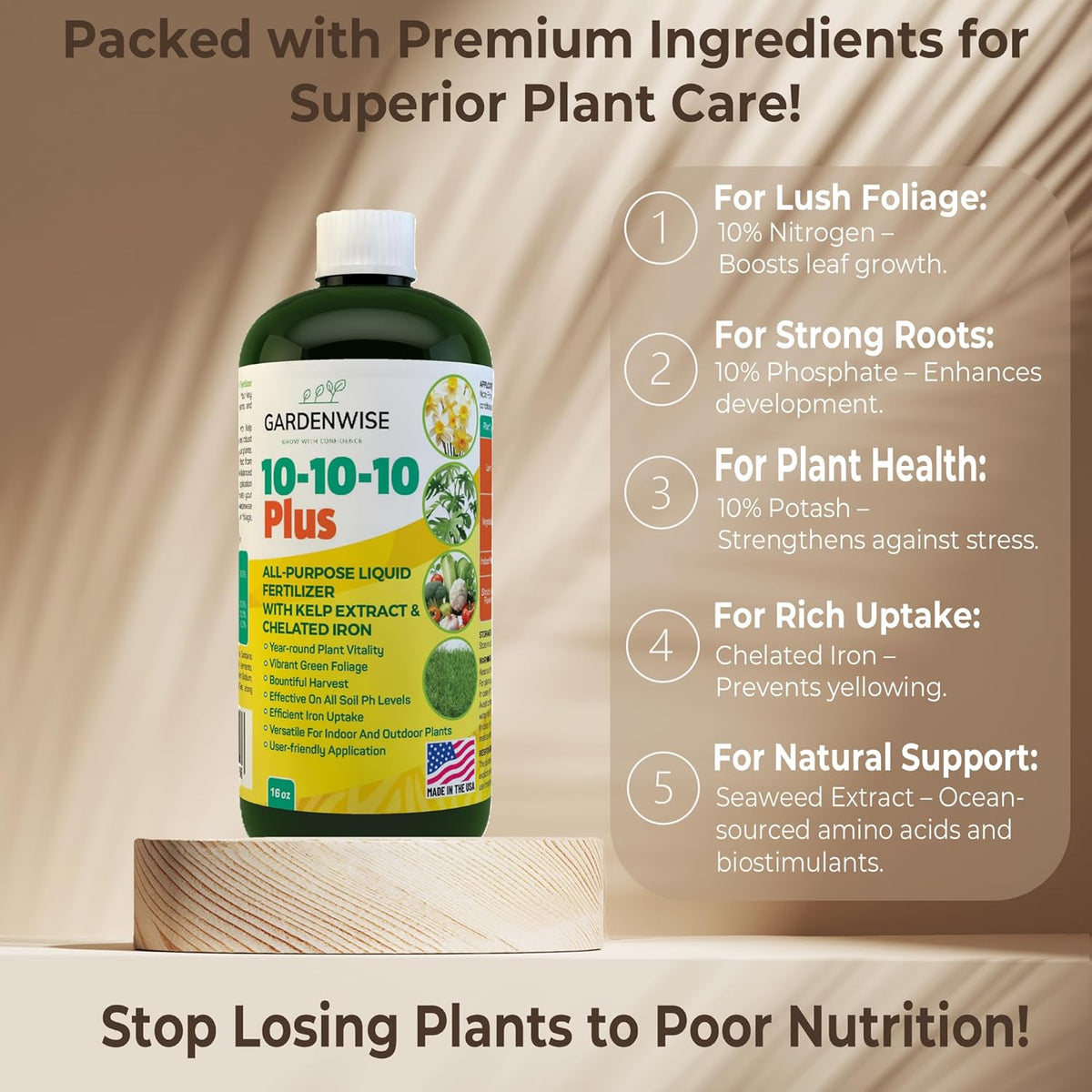10-10-10 All Purpose Plant Food - Liquid Fertilizer with Seaweed Kelp & Iron - Indoor & Outdoor