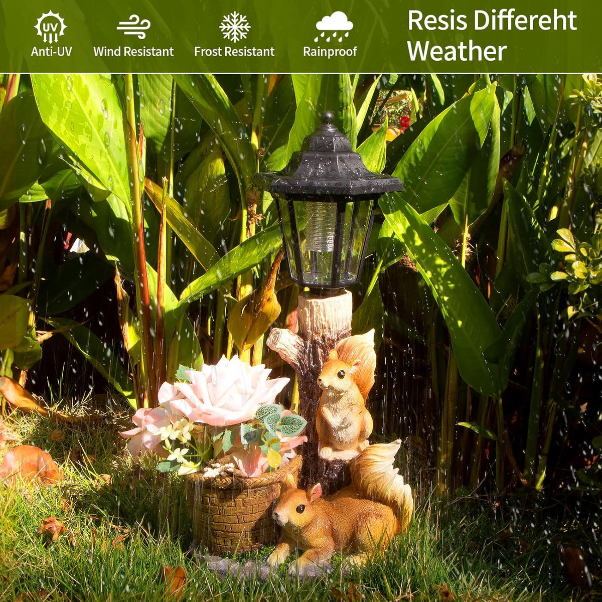 Solar Squirrels Outdoor Statues, Garden Sculptures with Flowerpot Decor & Solar Lantern for Yard