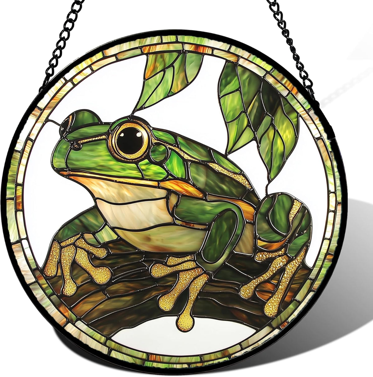 Stained Glass Window Hanging, Frog Green Leaf Sun Catchers Colorful Glass Panel Cool Suncatcher