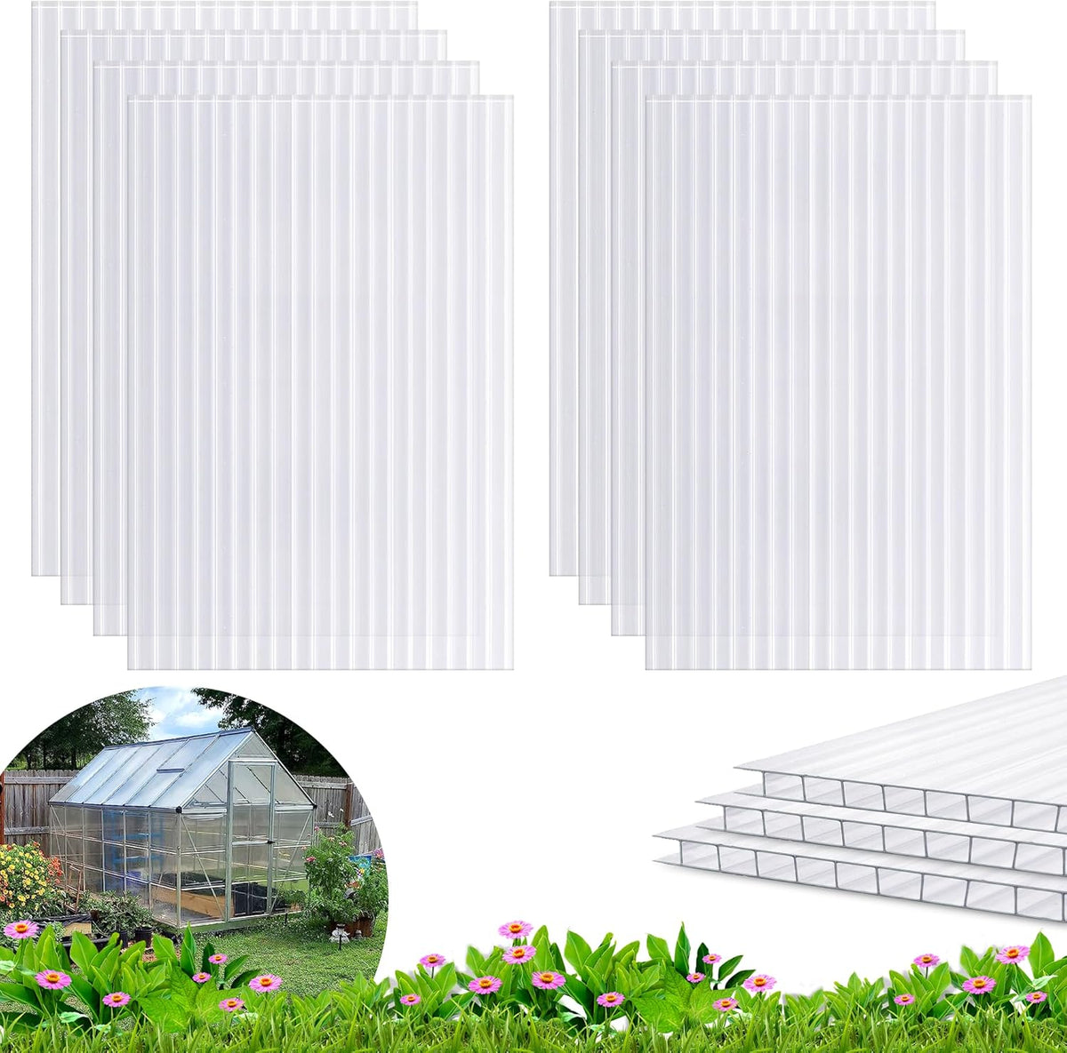 8PCS Polycarbonate Greenhouse Panels, 6' x 4' x 0.16'' Twin-Wall Panels Polycarbonate Sheet, Clear