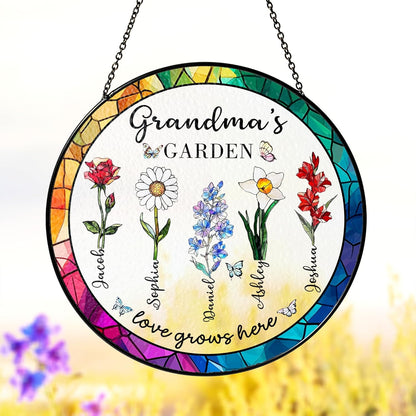 LOVELYPOD Custom Grandma Birth Flowers Stained Glass Window Sun Catcher, Grandmas Garden Sun