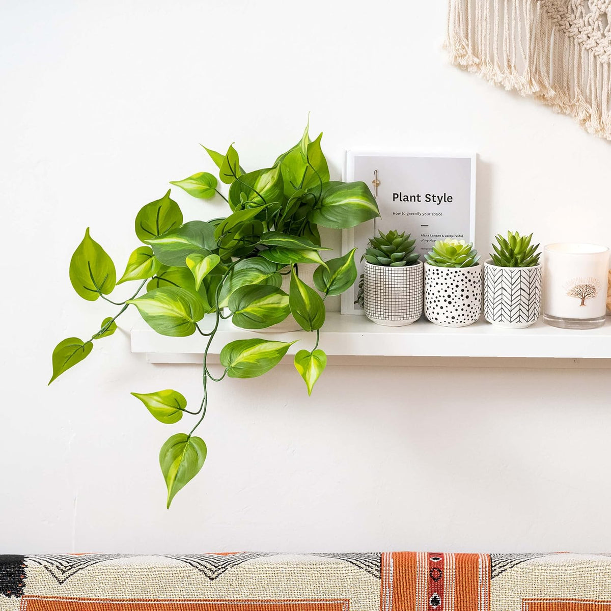 Kurrajong Farmhouse Dark Green Fake pothos | Fake Plant for Shelf Decor | Artificial Trailing Ivy
