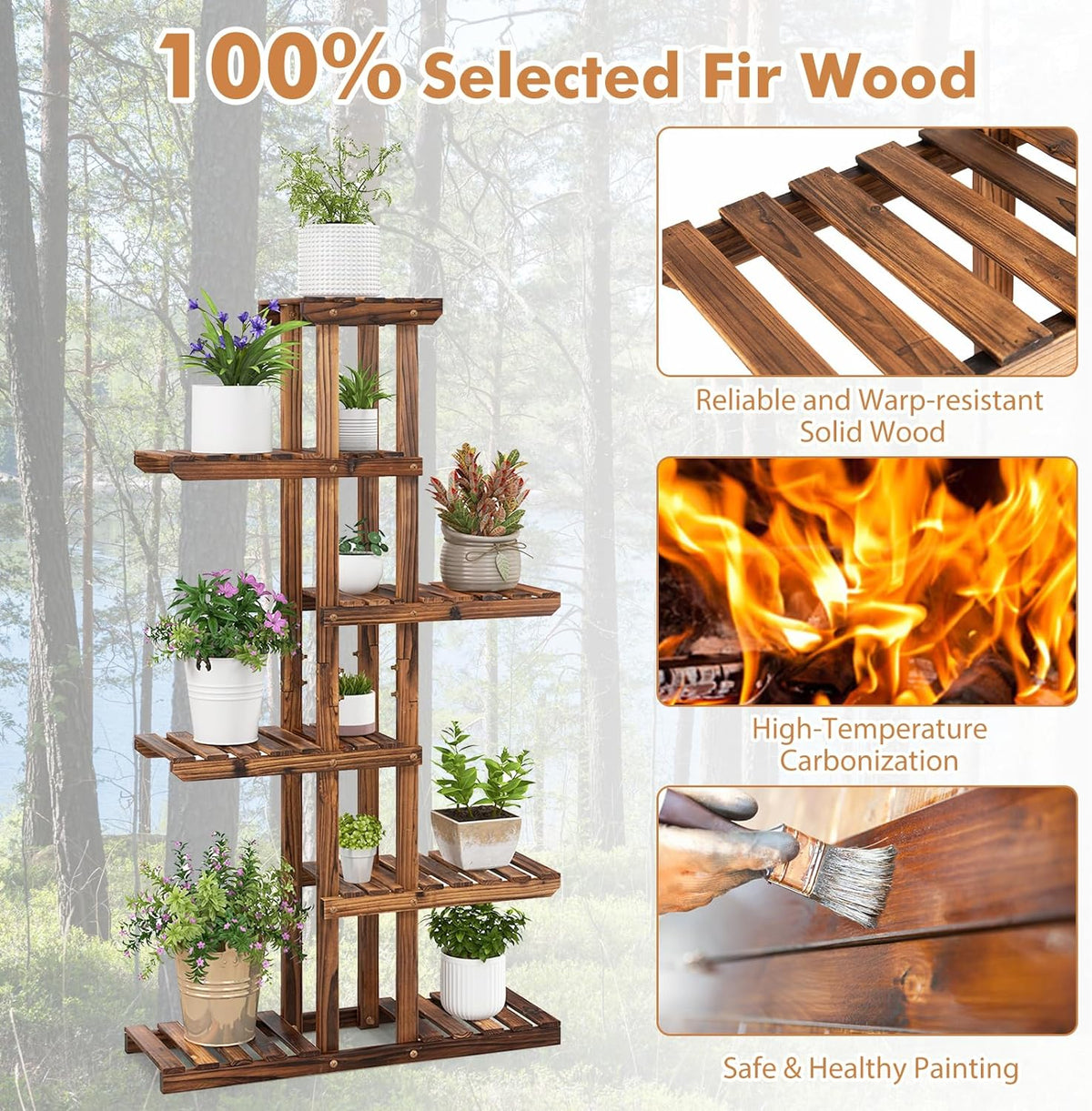 COSTWAY 6-Tier Multifunctional Wood Flower Stand, Shelf Holder for Multiple Plants, Freestanding