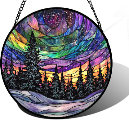 Stained Glass Window Hanging, Van Gogh Night Scene Sun Catchers Colorful Glass Panel Starry Sky